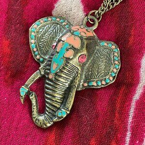 Long Boho Necklace with Elephant Pendant